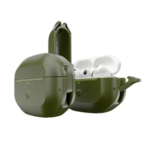 KeyBudz Element Series apsauginis dėklas, skirtas AirPods Pro 3rd Gen, alyvuogių žalios spalvos, parodytas atidarytas su viduje esančiomis ausinėmis