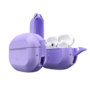KeyBudz Element Series Wild Lavender-etui til AirPods Pro 3rd Gen, vist åbent med låselåg og karabinhage.