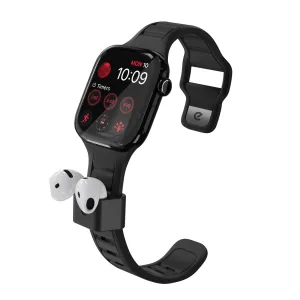 KeyBudz Sync+ Series -musta Apple Watch -ranneke integroidulla AirPods-telakalla, johon mahtuu kaksi nappikuuloketta