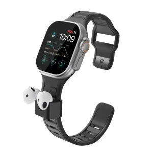 KeyBudz Sync+ Series kolsvart Apple Watch-rem med integrerad AirPods-dock för vita AirPods