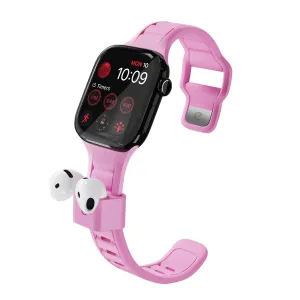 KeyBudz Sync+ rosa Apple-Watch-Armband mit integriertem AirPods-Dock und befestigten Ohrhörern
