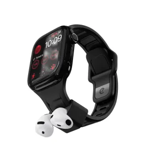 KeyBudz Sync+ musta Apple Watch -ranneke integroidulla AirPods-telakalla ja kahdella korvanapilla