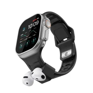 KeyBudz Sync+ svart Apple Watch-rem med integrerad AirPods-hållare och öronsnäckor