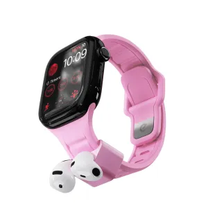 KeyBudz Sync+ rosa Apple Watch 38–42 mm Armband mit integriertem AirPods-Dock und weißen Ohrhörern