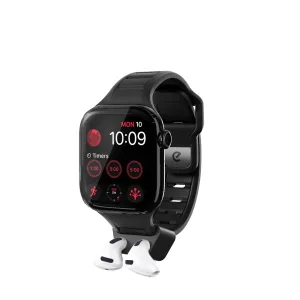 KeyBudz Sync+ musta Apple Watch -ranneke integroidulla AirPods-telakalla, kuvassa AirPodsit