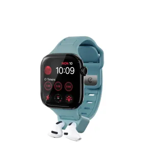 KeyBudz Sync+ lyseblå Apple Watch 38–42 mm rem med AirPods-holder og to AirPods