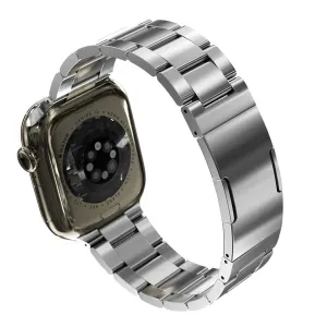 KeyBudz Spectra Series Apple Watch-rem i rustfritt stål, liten, vist på en Apple Watch med metallspenne i lenkestil.
