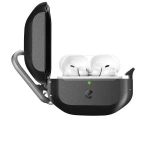 KeyBudz Element Series-skyddsfodral för AirPods Pro i kolsvart, öppet med hörlurar inuti och karbinhake.