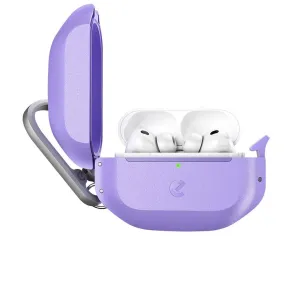 KeyBudz Element Series lilla etui til AirPods Pro 3rd Gen åbent med øretelefoner indeni og karabinhage