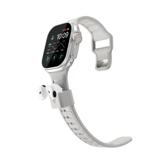 KeyBudz Sync+ Series grå Apple Watch-rem med integrerad AirPods-hållare för vita öronsnäckor