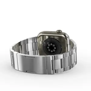 KeyBudz Spectra Series roostevabast terasest hõbedane Apple Watchi rihm, näidatud Apple Watchi tagantvaates
