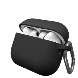 KeyBudz Elevate Series melns silikona maciņš AirPods Pro Gen 3 ar karabīni, austiņas daļēji redzamas