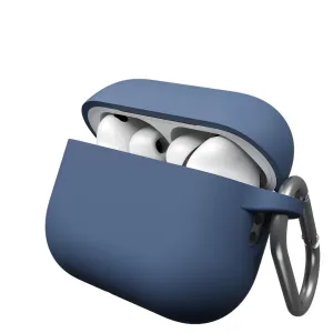 KeyBudz Elevate Series kobalto mėlynumo silikoninis dėklas, skirtas AirPods Pro Gen 3, atidarytas, su karabinu ir ausinėmis viduje