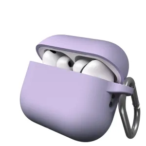 KeyBudz Elevate Series levandų spalvos dėklas, skirtas AirPods Pro Gen 3, atidarytas, su ausinėmis ir karabino segtuku