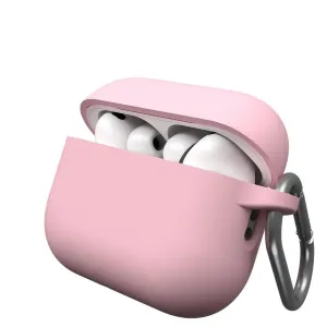 KeyBudz Elevate Series blush pink AirPods Pro Gen 3 case with open lid, white earbuds, and carabiner clip