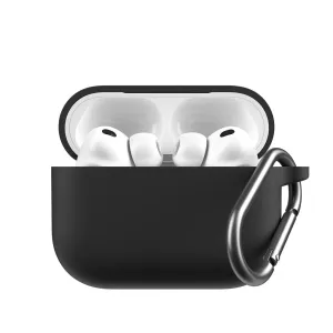 KeyBudz Elevate Series melns AirPods Pro Gen 3 silikona maciņš ar atvērtu vāciņu, austiņām iekšpusē un karabīni