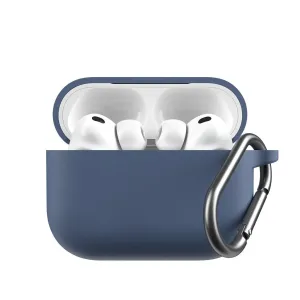 KeyBudz Elevate Series kobalto mėlynas silikoninis dėklas, skirtas AirPods Pro Gen 3, atidarytas su ausinėmis ir karabinu