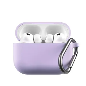 KeyBudz Elevate Series levandų spalvos silikoninis dėklas, skirtas AirPods Pro Gen 3, su karabinu ir matomomis ausinėmis