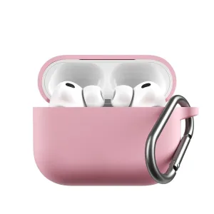 KeyBudz Elevate Series blush pink AirPods Pro Gen 3 case open with earbuds inside and carabiner attached