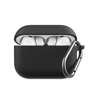 KeyBudz Elevate Series melns AirPods Pro maciņš ar atvērtu vāciņu, baltām austiņām iekšpusē un karabīnes klipsi
