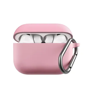 KeyBudz Elevate Series blush pink AirPods Pro Gen 3 case, open with earbuds inside and carabiner clip