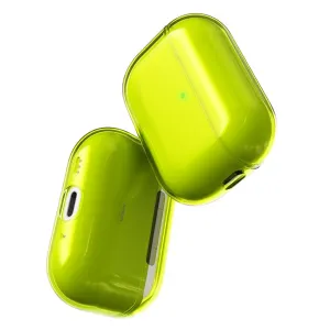 KeyBudz läpinäkyvä AirPods Pro 3rd Gen -kotelo neonkelta-vihreänä, latausaukoilla ja rannehihnan reiällä