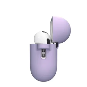 KeyBudz Elevate Series levandų spalvos silikoninis dėklas, skirtas AirPods Pro Gen 3, parodytas atidarytas su viena ausine viduje