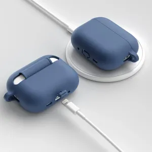 KeyBudz Elevate silikoninis dėklas, skirtas AirPods Pro Gen 3, kobalto mėlynos spalvos, pavaizduotas su įkrovimo prievado išpjova ir dirželio kilpa