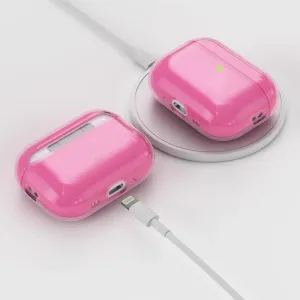 KeyBudz gjennomsiktig neonrosa etui til AirPods Pro 3. generasjon, transparent beskyttelsesskall med trådløs lading
