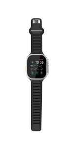 KeyBudz Journey black Apple Watch strap with silver Apple Watch, ribbed texture and secure closure.