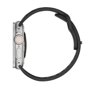 KeyBudz Journey black Apple Watch strap attached to a silver Apple Watch case, side view