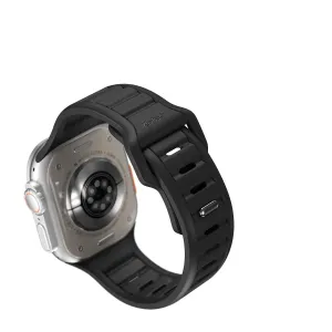KeyBudz Journey black Apple Watch strap with ribbed design and metal buckle, shown attached to an Apple Watch.