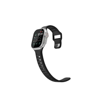 KeyBudz Journey black Apple Watch strap with silver watch mockup and adjustable slot design