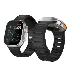 KeyBudz Journey black Apple Watch strap with ridged interior, shown on a silver Apple Watch