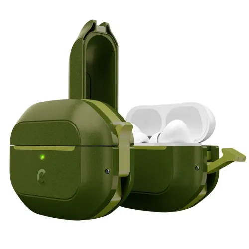 KeyBudz ElementProof-etui til AirPods Pro 2 i skovgrøn, åbent med synligt hvidt opladningsetui, LED-lys og sidelås.