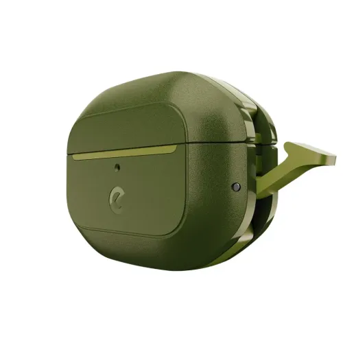 KeyBudz skovgrønt AirPods Pro 2-etui med struktureret overflade, LED-hul og logo på forsiden, hængsel på bagsiden og foldbar sideflap.