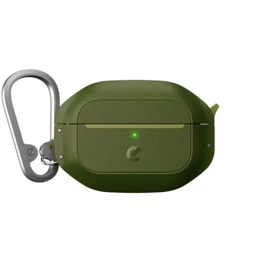 KeyBudz skovgrønt AirPods Pro 2-etui forfra med grøn LED, frontsplejsning og sølvfarvet karabinhage til venstre.