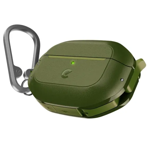 KeyBudz AirPods Pro 2-etui i skovgrøn med LED foran, præget logo, hængsler og sølvfarvet karabinhage, port i bunden.