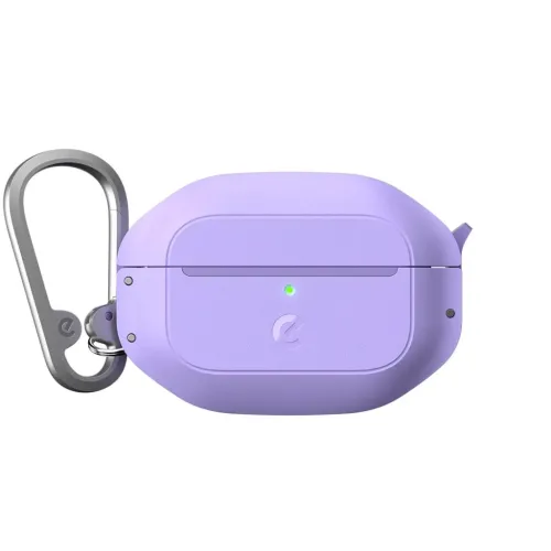 Laventeli AirPods Pro 2 -kotelo, jossa karabiini, edessä vihreä LED, kohokuvioitu logo ja näkyvä kannen liitos, sivupainike.