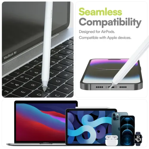 AirCare 2.0-rengøringspennen børster MacBook-tastaturer, renser iPhone-højttalerhuller og er vist med flere Apple-enheder.