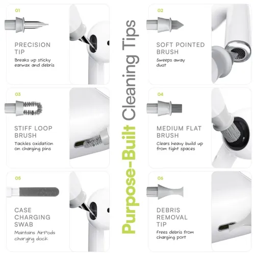 Rengøringssæt med seks spidser og børster til AirPods og porte, her i brug på gitteret til øretelefonerne og opladningsporten.