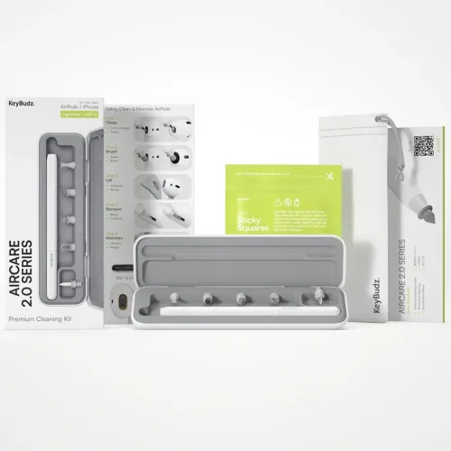 KeyBudz AirCare 2.0 rengøringssæt med gråt etui, værktøj og mundstykker, to pakker, instruktioner og tragtpose.