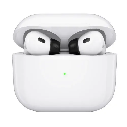 KeyBudz hyperFoam-ørepropper i memoryskum til AirPods Pro vist monteret på øretelefoner i et hvidt opladningsetui
