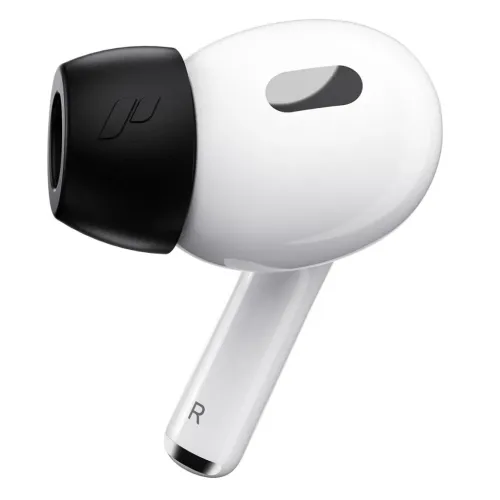 KeyBudz AirPods Pro ausinių antgalis iš atminties putų ant baltos ausinės, matinės juodos spalvos, saugiam ir patogiam prigludimui