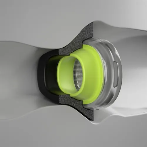 KeyBudz HyperFoam-örontopp visar skuret tvärsnitt med svart skum, limegrön kanal med nät, grå fästring och oval spåröppning.