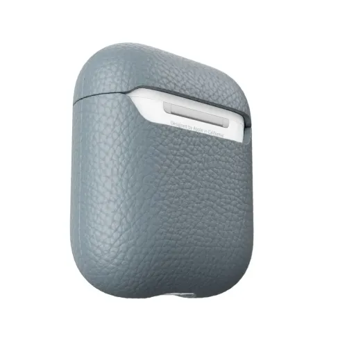 Leather case for AirPods Pro in slate gray grain embossed leather, shown obliquely with split lock stitching and cut-out opening for port.