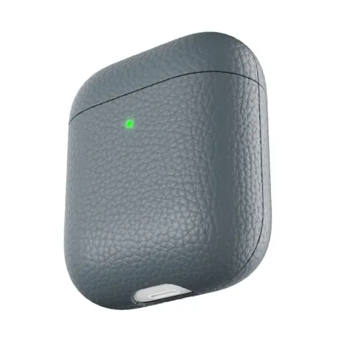 Slate-colored leather case for AirPods Pro, front view with visible green LED, lid joint and cut-out hole for Lightning port.