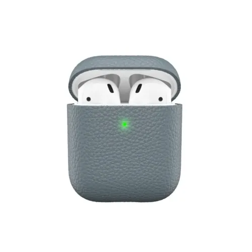 Leather case for AirPods Pro in slate gray pebble texture with open lid, visible green LED on front and white background centered