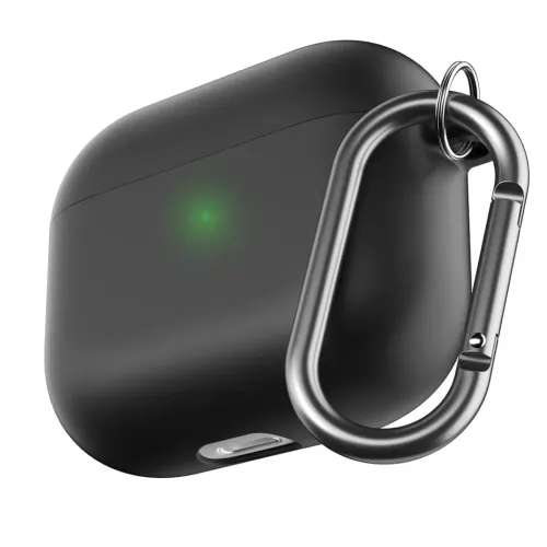 Black case for AirPods 3 with rounded corners, visible green LED on the front, cut-out charging port on the bottom and metal carabiner on the side.
