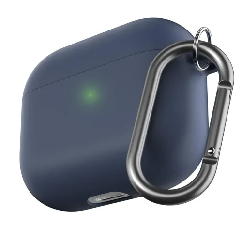 Dark blue AirPods 3 case with rounded corners, green indicator on the front, side-mounted carabiner on the right and opening at the bottom.